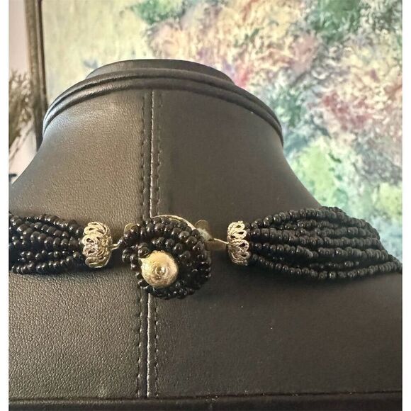 Vintage Multi-Strand Black Beaded Necklace with Art Glass Accents marked Japan - Picture 3 of 3